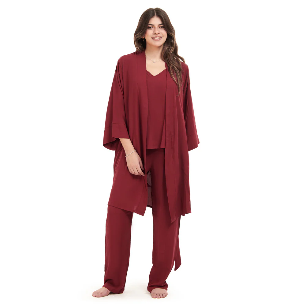 Women summer 3 piece pajama set Dark Red Top + Dark Red kimono & Pants - Image 2