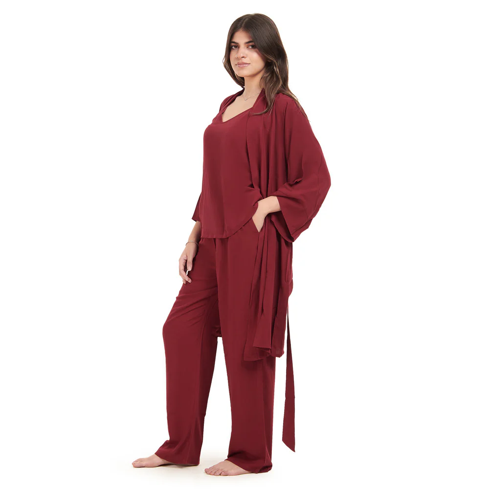 Women summer 3 piece pajama set Dark Red Top + Dark Red kimono & Pants - Image 3
