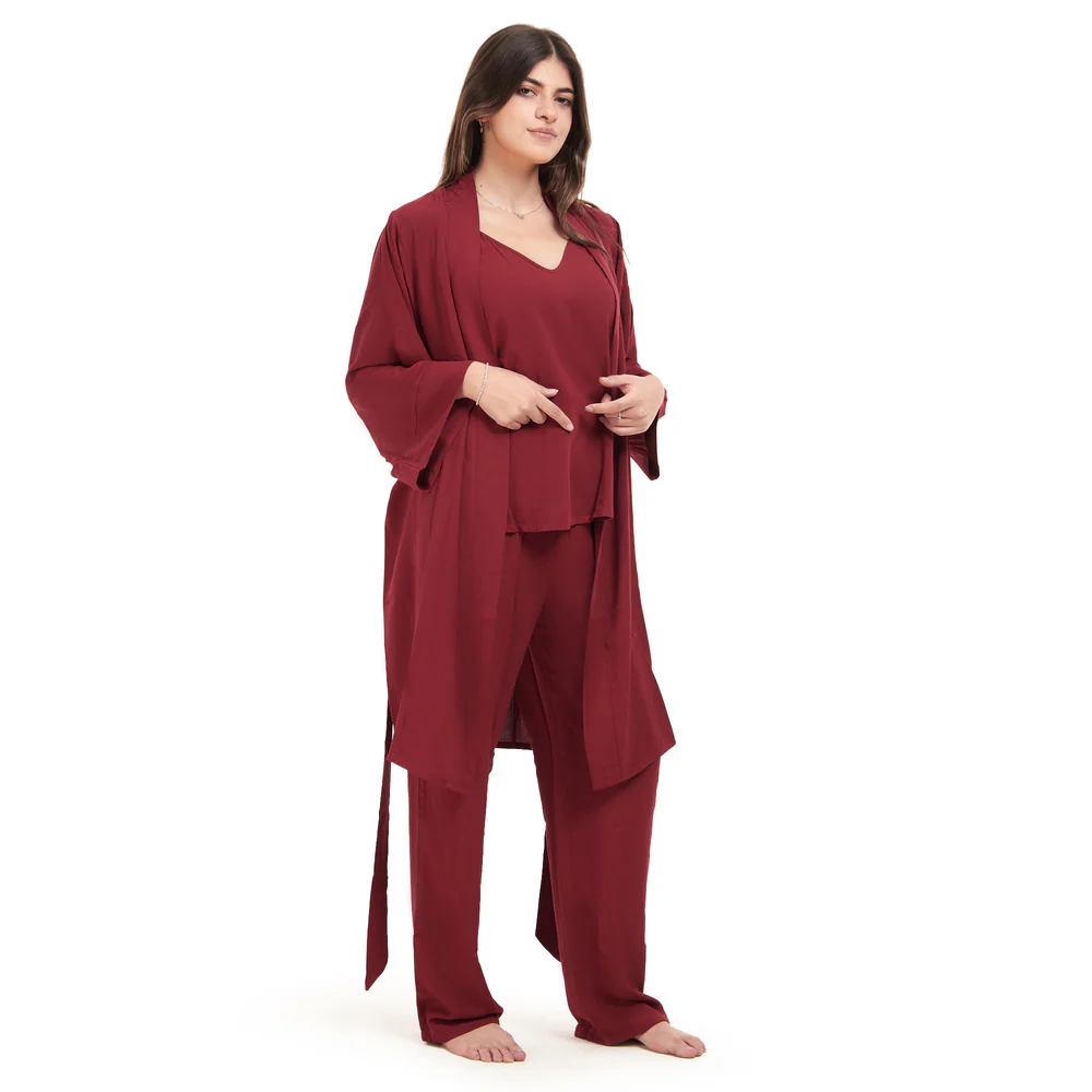 Women summer 3 piece pajama set Dark Red Top + Dark Red kimono & Pants - Image 4