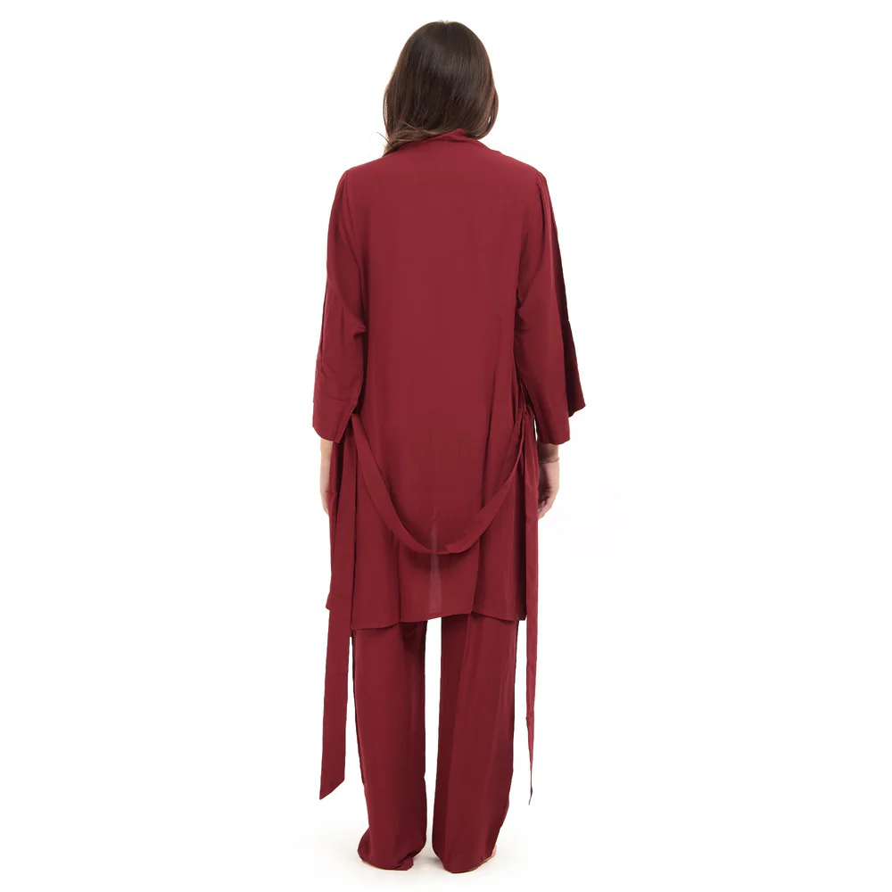 Women summer 3 piece pajama set Dark Red Top + Dark Red kimono & Pants - Image 5