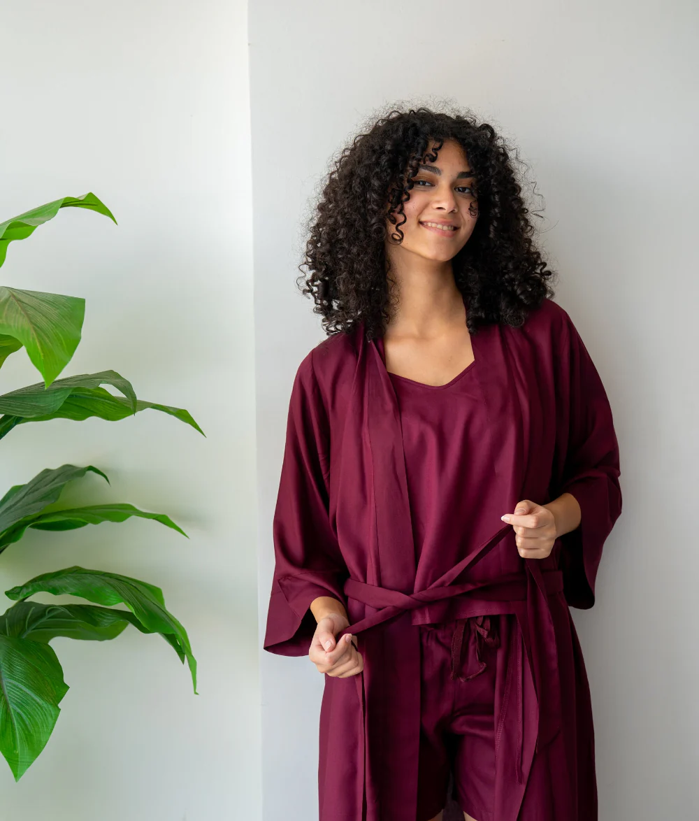 Women summer 3 piece pajama set  Dark red Top +kimono & short - Image 2