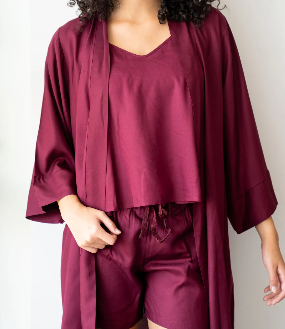 Women summer 3 piece pajama set  Dark red Top +kimono & short - Image 3
