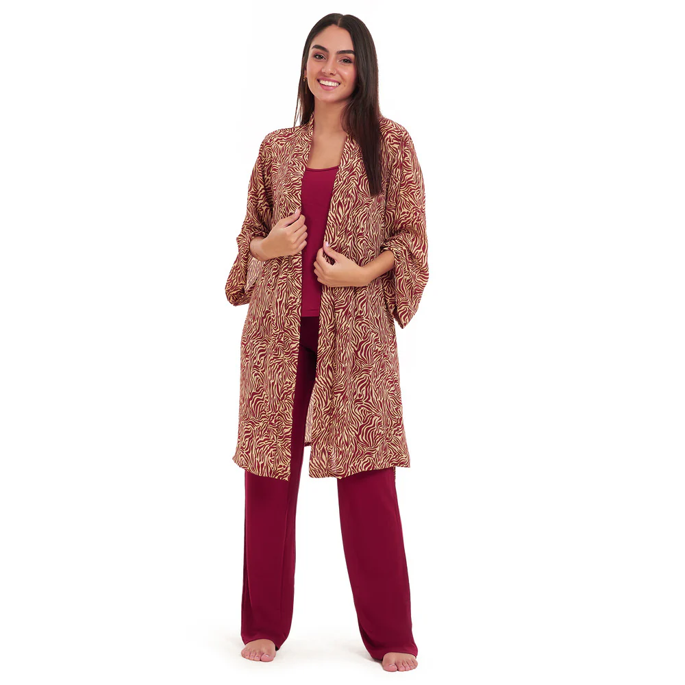 Women summer 3 piece pajama set  Dark red zebra pattern kimono + Red top & Pants - Image 2