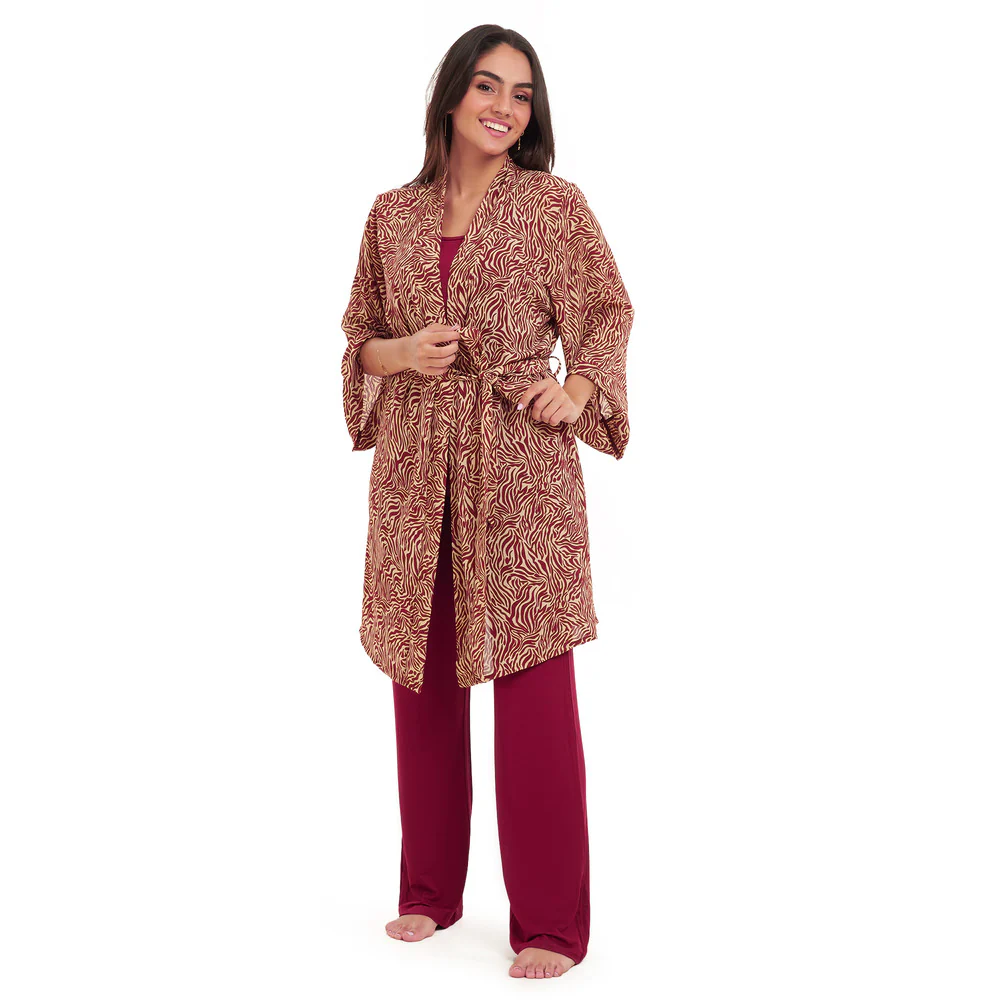 Women summer 3 piece pajama set  Dark red zebra pattern kimono + Red top & Pants - Image 3