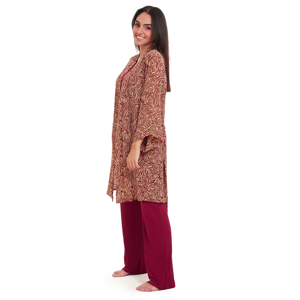 Women summer 3 piece pajama set  Dark red zebra pattern kimono + Red top & Pants - Image 4