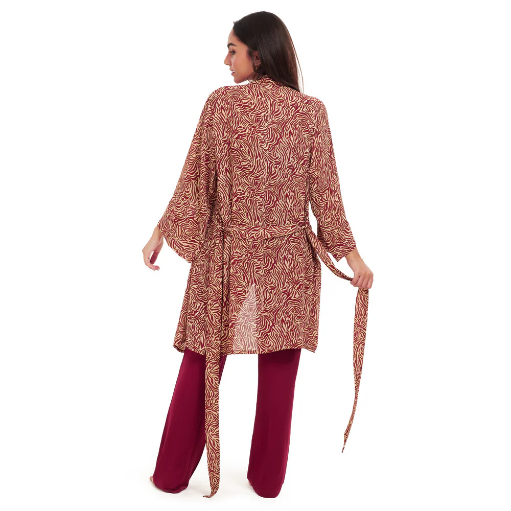 Women summer 3 piece pajama set  Dark red zebra pattern kimono + Red top & Pants - Image 5