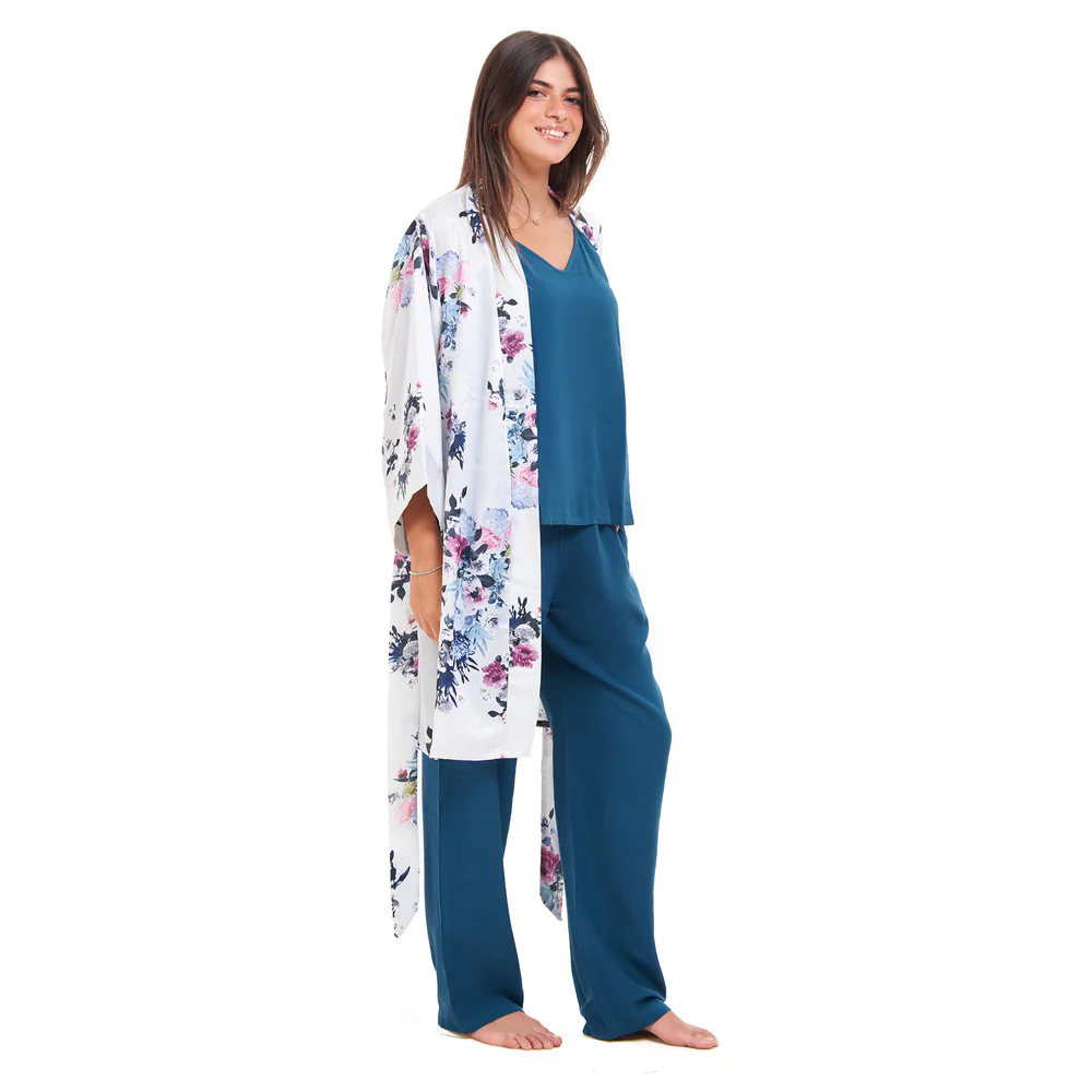 Women summer 3 piece pajama set  Floral pattern kimono + Blue top & Pants - Image 2