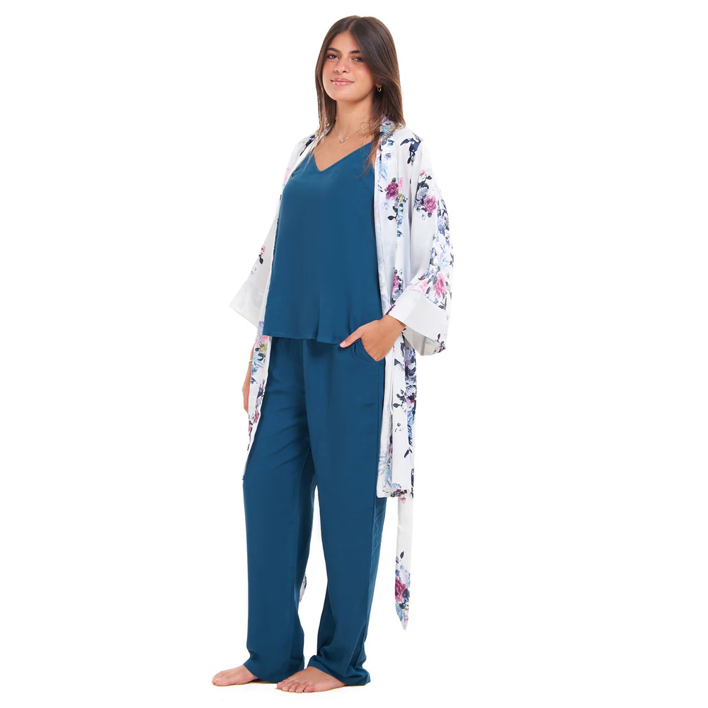 Women summer 3 piece pajama set  Floral pattern kimono + Blue top & Pants - Image 3