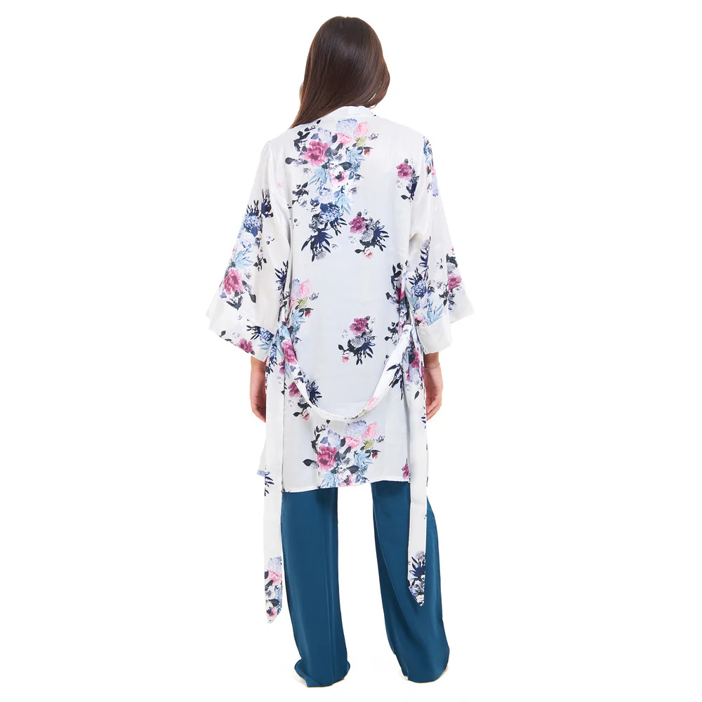Women summer 3 piece pajama set  Floral pattern kimono + Blue top & Pants - Image 4