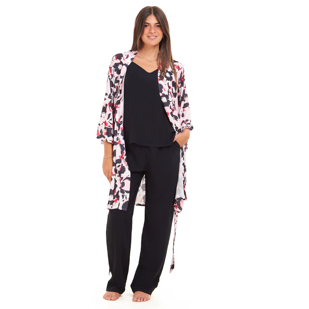 Women summer 3 piece pajama set  Fuchsia x Black floral pattern kimono + Black top & Pants - Image 2