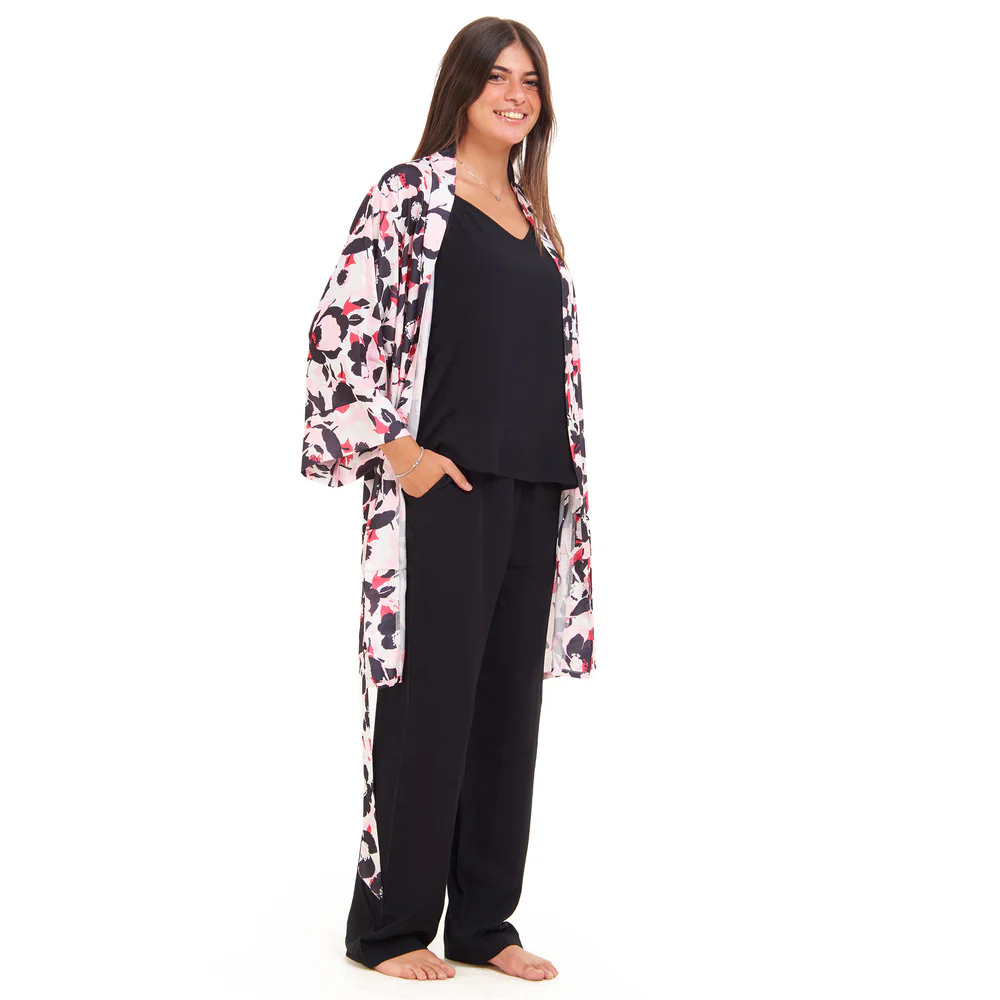 Women summer 3 piece pajama set  Fuchsia x Black floral pattern kimono + Black top & Pants - Image 3