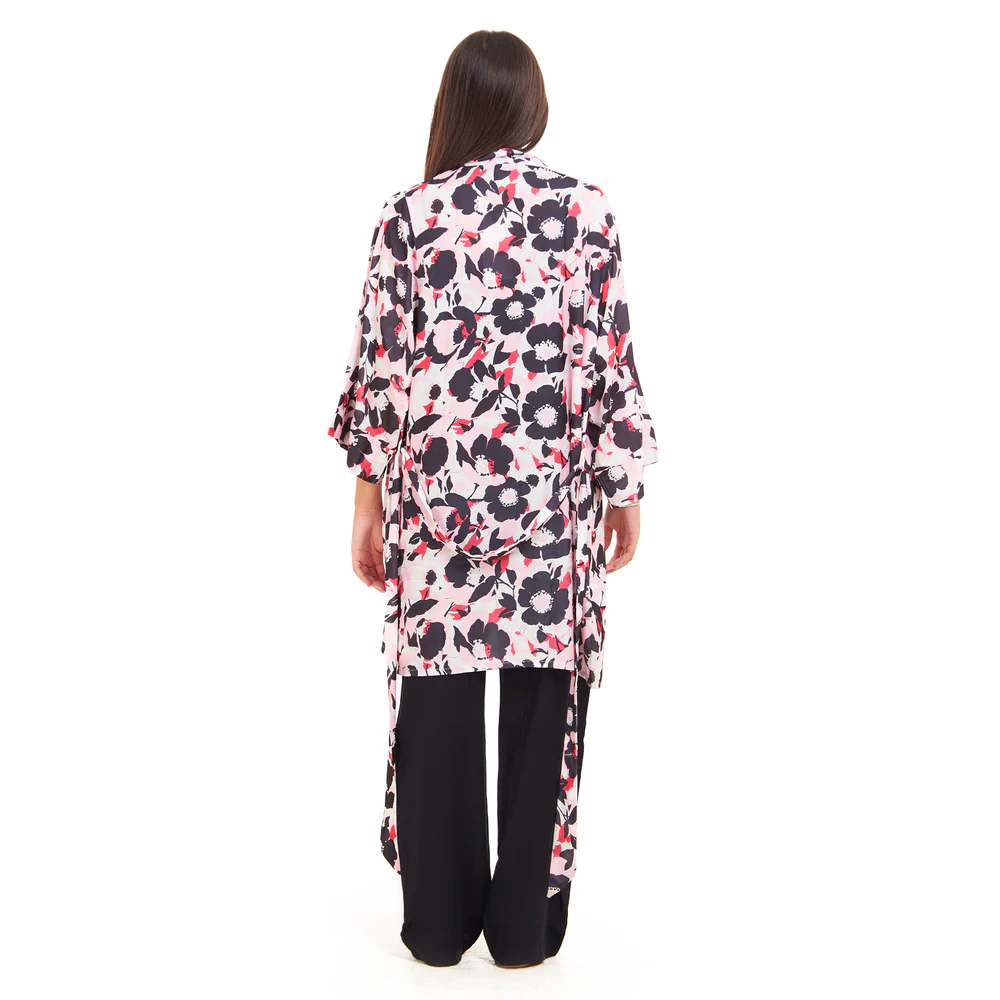 Women summer 3 piece pajama set  Fuchsia x Black floral pattern kimono + Black top & Pants - Image 4