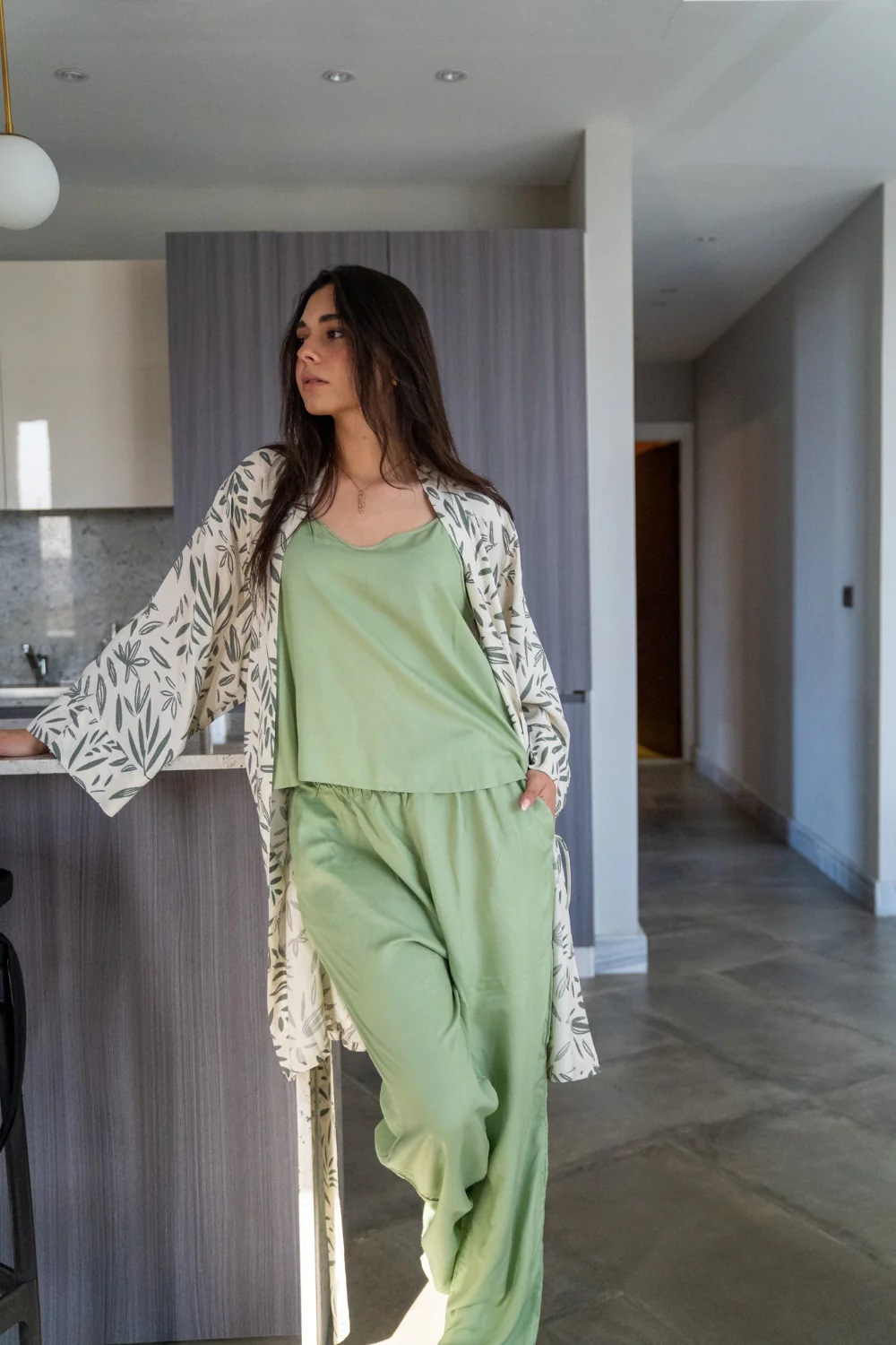 Women summer 3 piece pajama set  Green Leaves Top + Green Leaves kimono & Pants - Image 2
