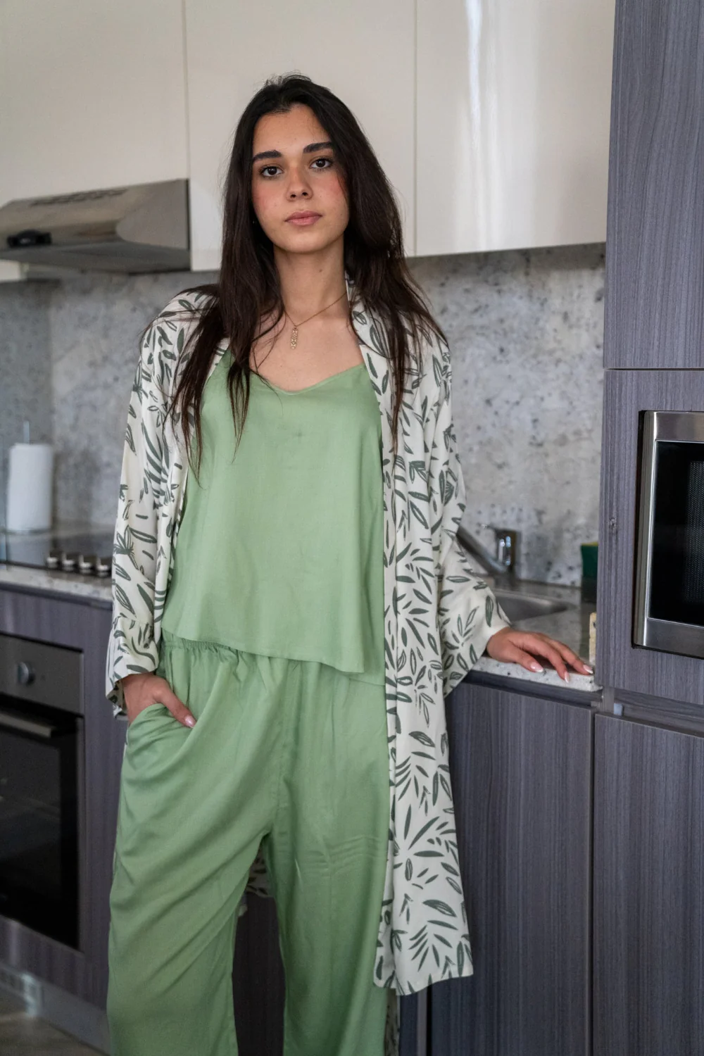 Women summer 3 piece pajama set  Green Leaves Top + Green Leaves kimono & Pants - Image 3