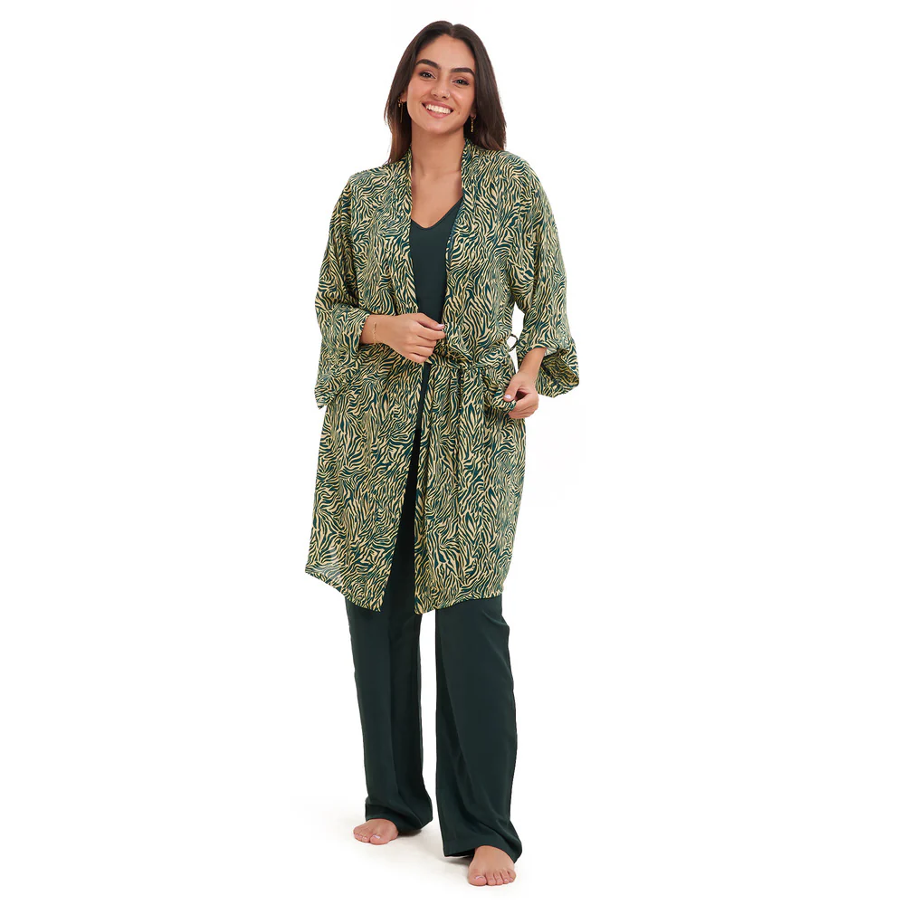 Women summer 3 piece pajama set Green zebra pattern kimono + Dark green top & Pants - Image 2