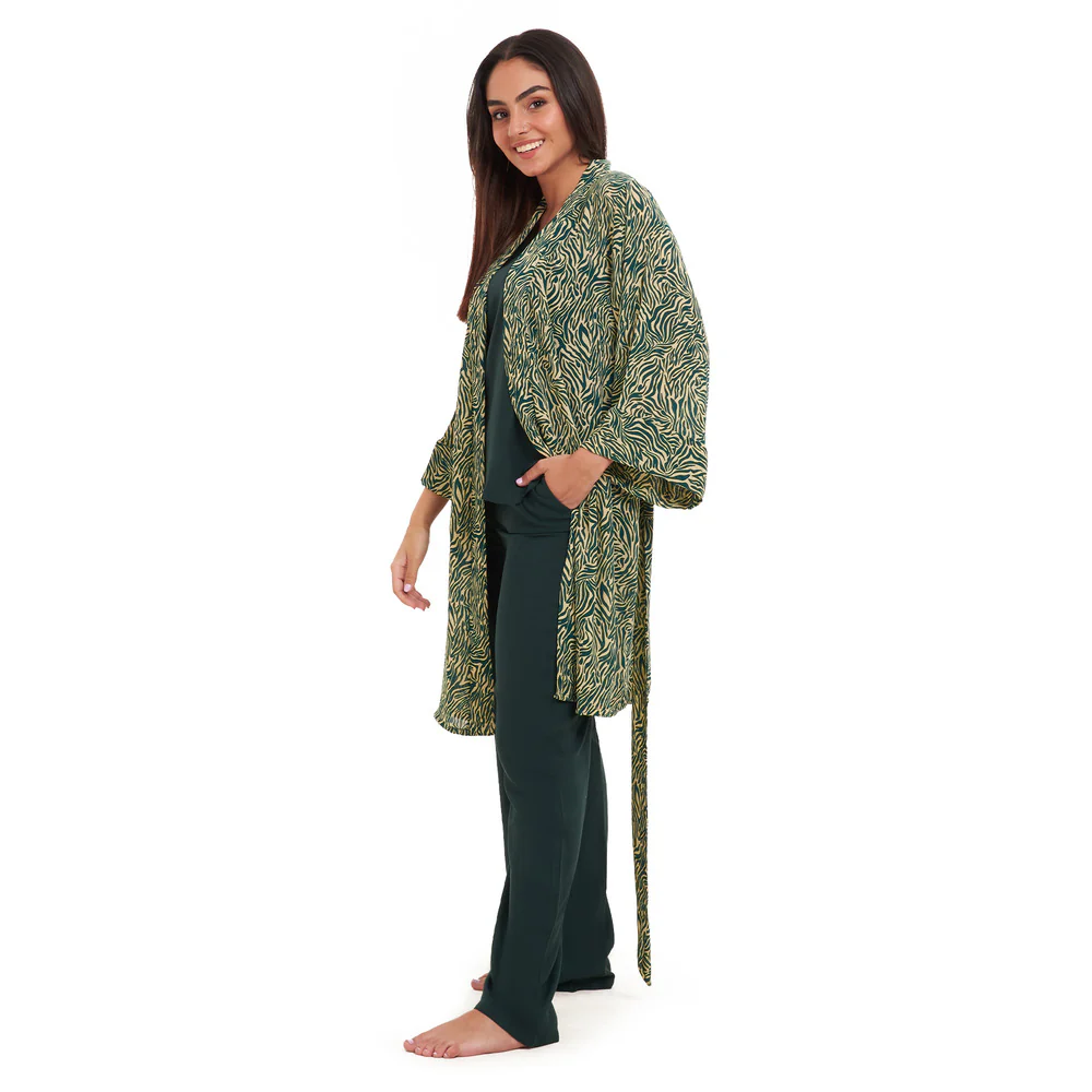 Women summer 3 piece pajama set Green zebra pattern kimono + Dark green top & Pants - Image 3