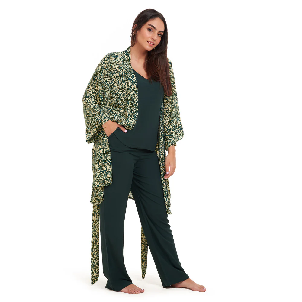 Women summer 3 piece pajama set Green zebra pattern kimono + Dark green top & Pants - Image 4