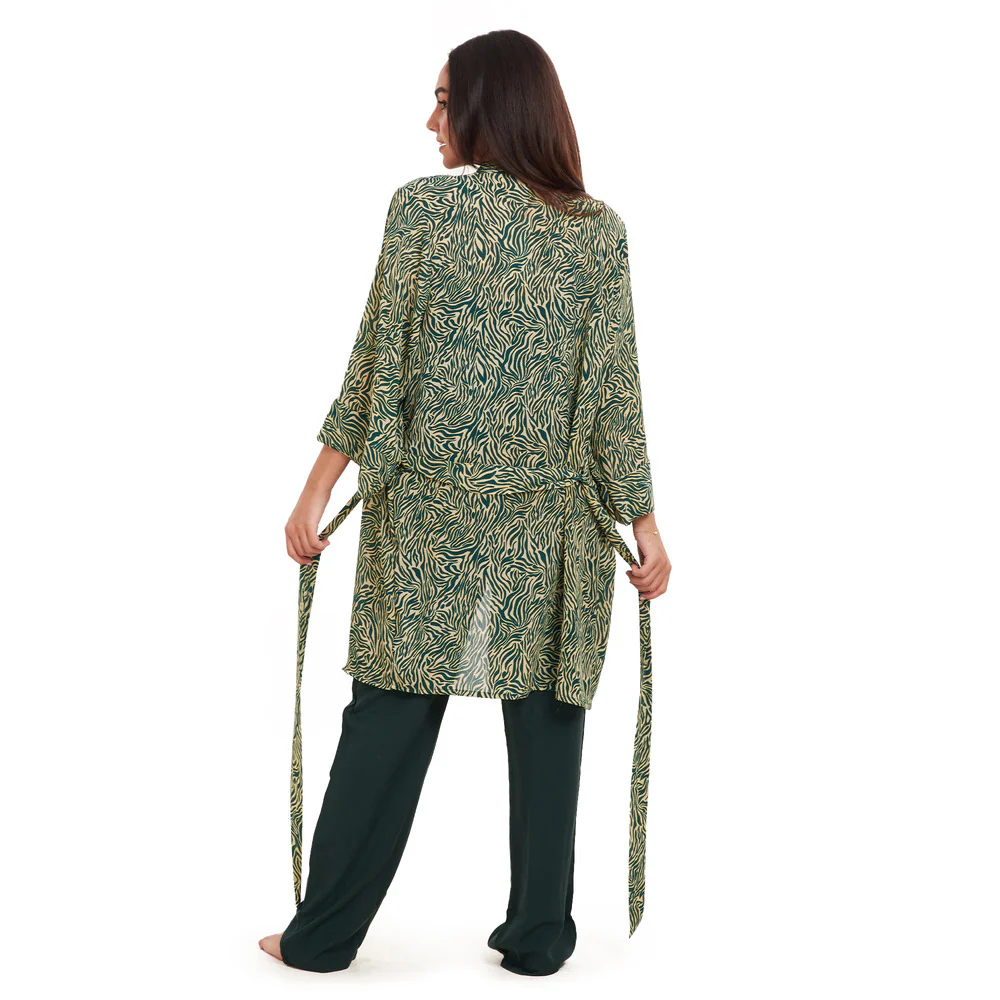 Women summer 3 piece pajama set Green zebra pattern kimono + Dark green top & Pants - Image 5