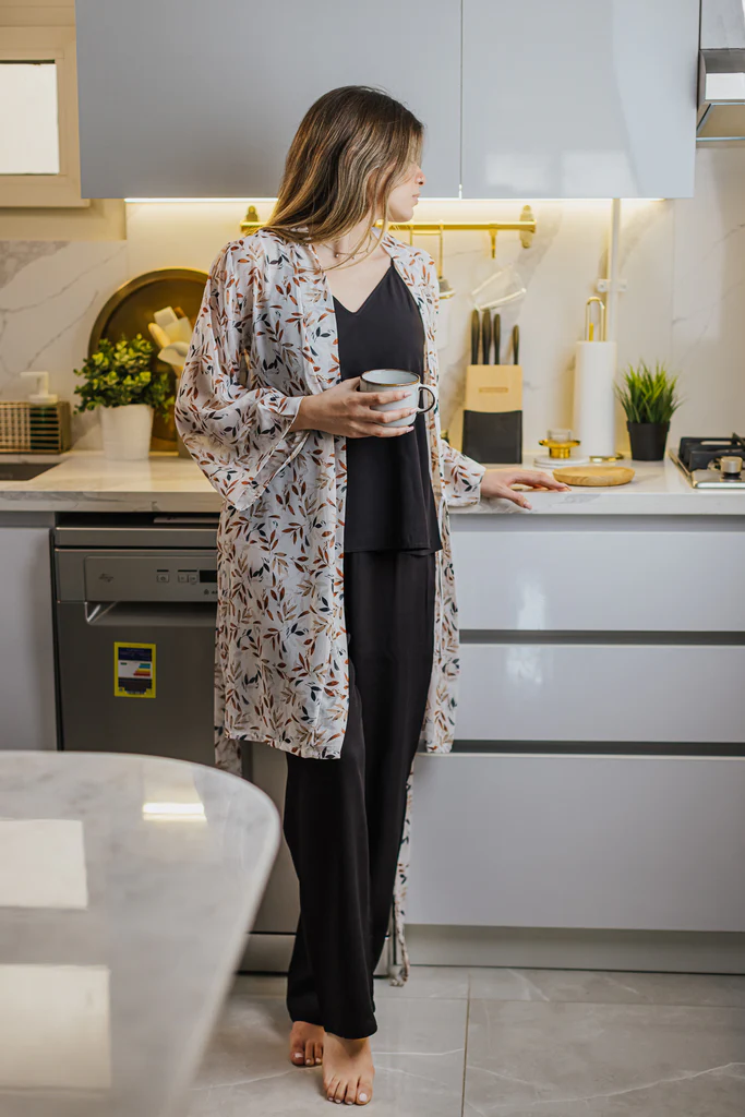 Women summer 3 piece pajama set Havane leaves kimono + Black top & Pants - Image 2
