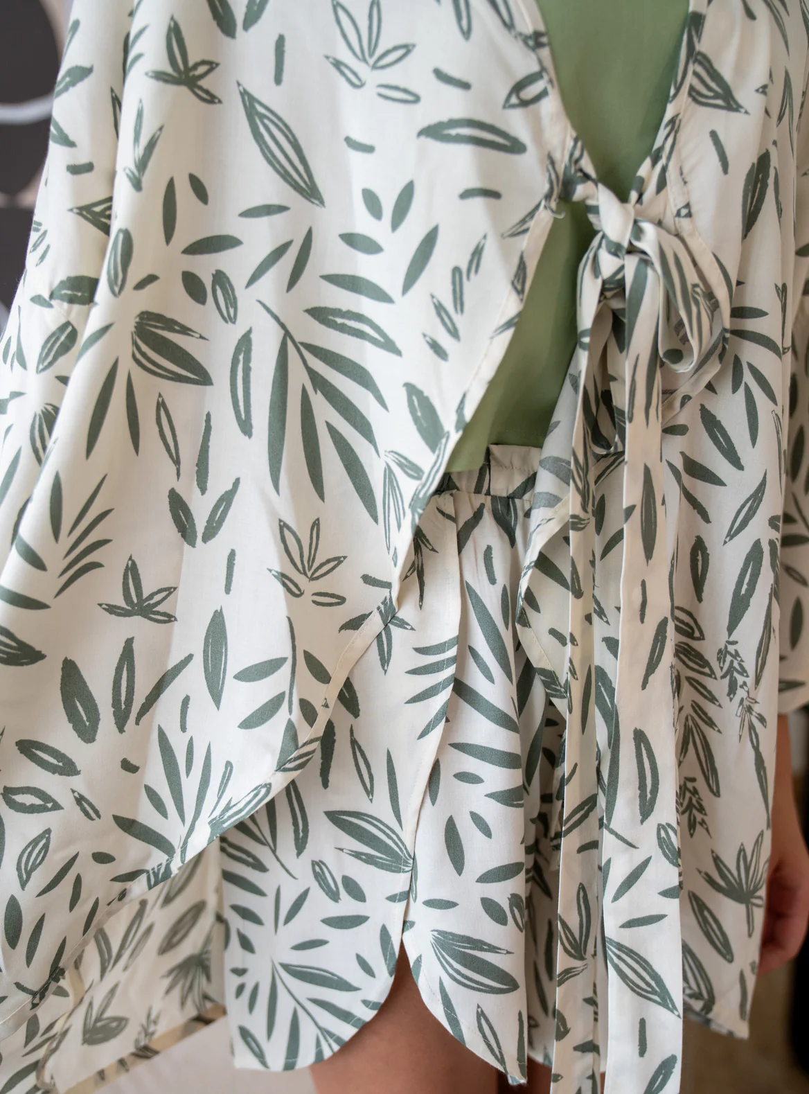 Women summer 3 piece pajama set Mint Top + Green Leaves kimono & Short - Image 3