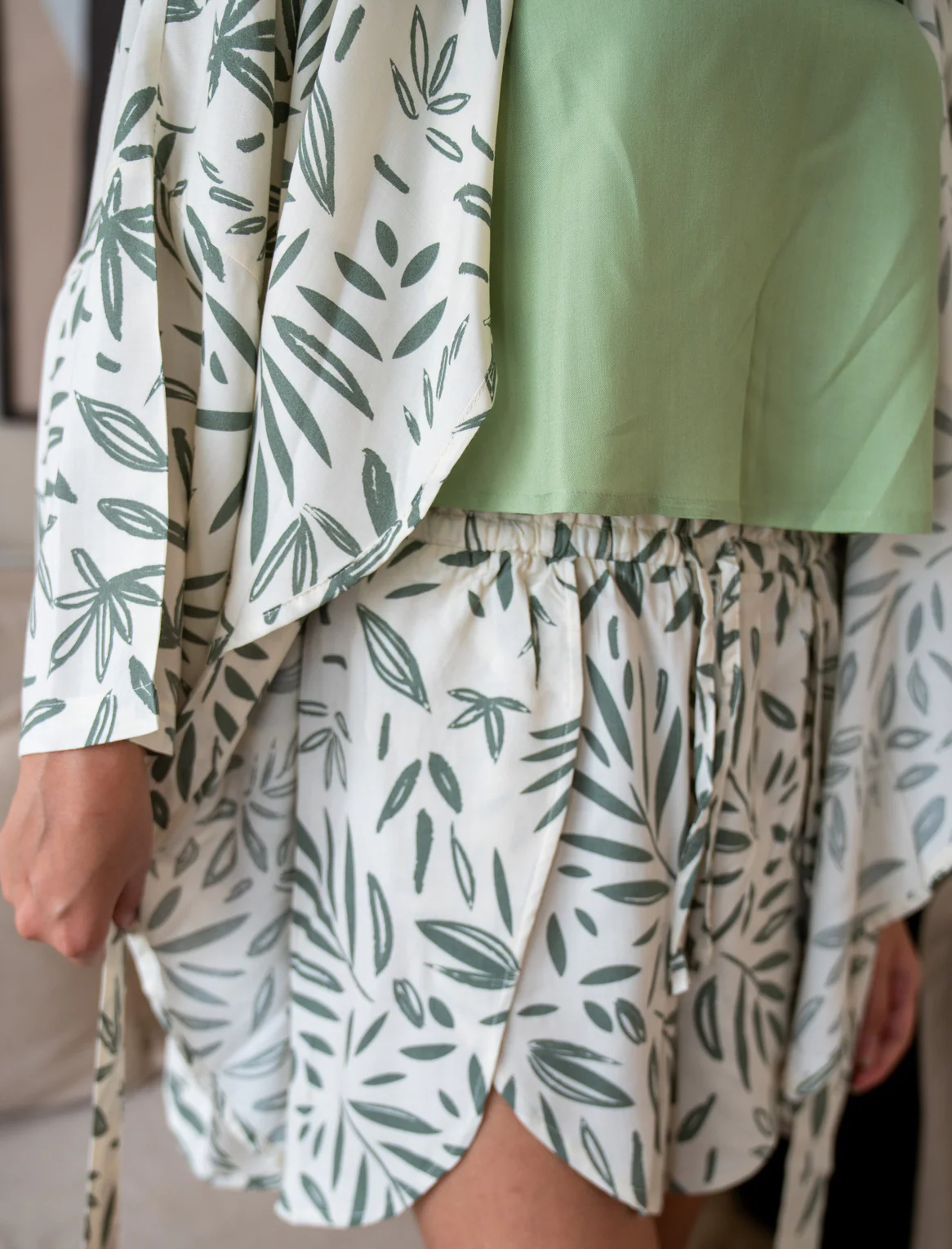 Women summer 3 piece pajama set Mint Top + Green Leaves kimono & Short - Image 4