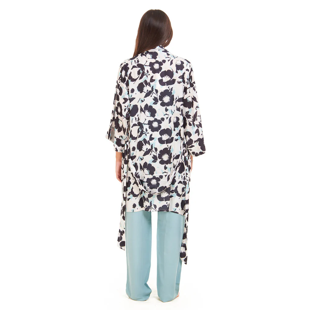Women summer 3 piece pajama set  Mint x  Black Floral pattern kimono + Baby Blue top & Pants - Image 2