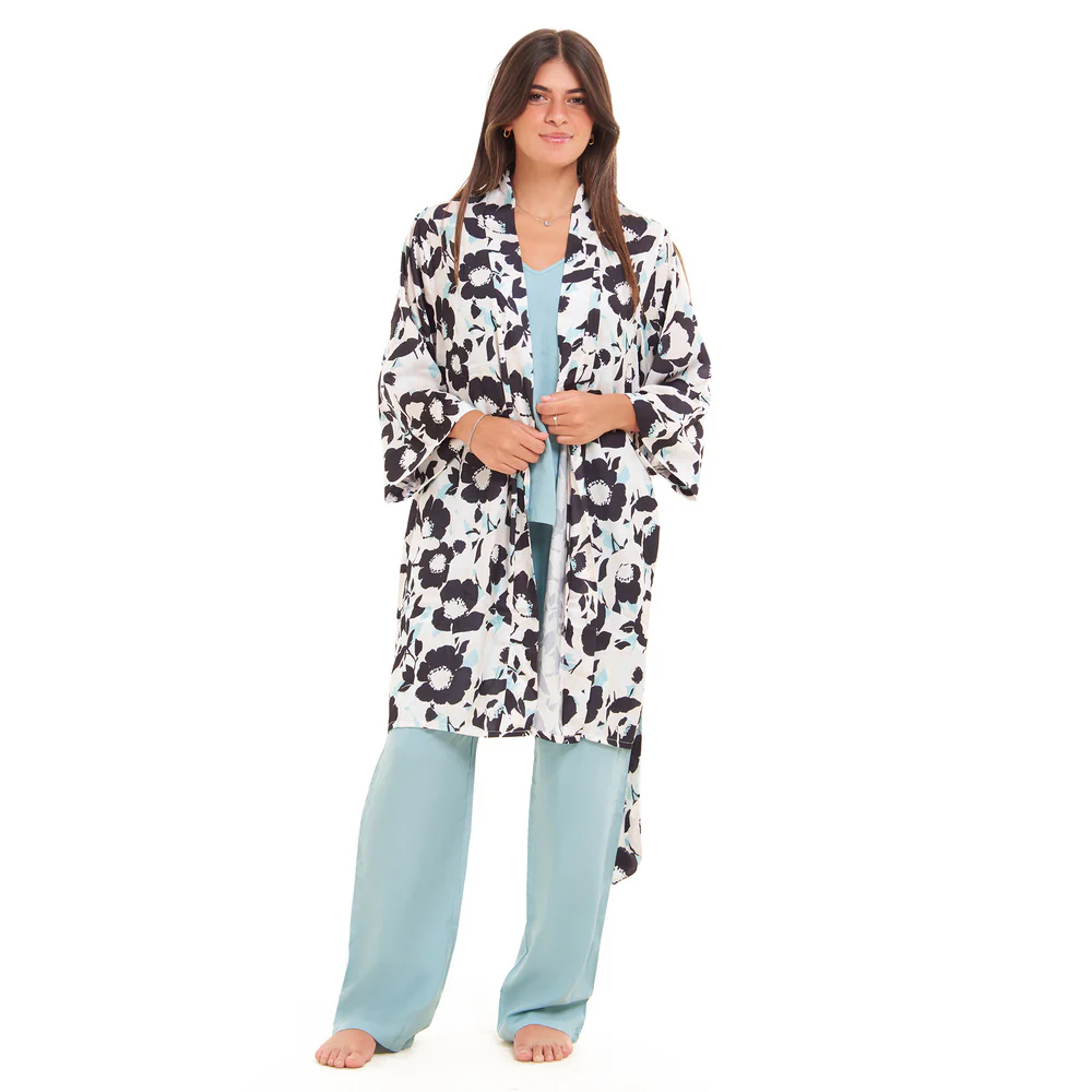 Women summer 3 piece pajama set  Mint x  Black Floral pattern kimono + Baby Blue top & Pants - Image 3