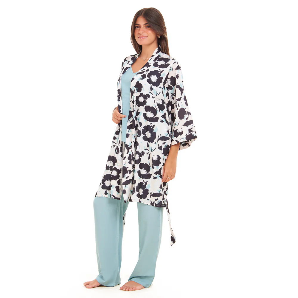 Women summer 3 piece pajama set  Mint x  Black Floral pattern kimono + Baby Blue top & Pants - Image 4
