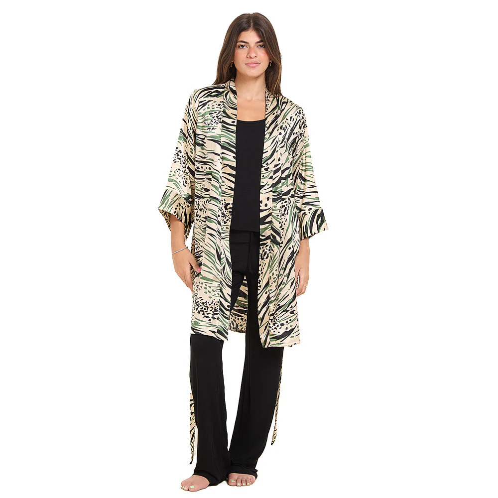 Women summer 3 piece pajama set  Mint Cheetah pattern kimono + Black top & Pants - Image 2