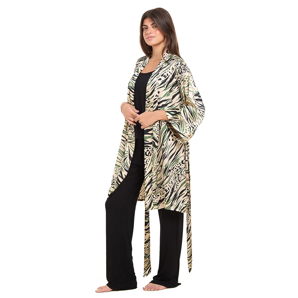 Women summer 3 piece pajama set  Mint Cheetah pattern kimono + Black top & Pants - Image 3