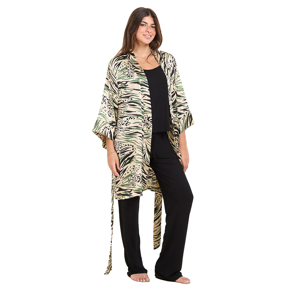 Women summer 3 piece pajama set  Mint Cheetah pattern kimono + Black top & Pants - Image 4