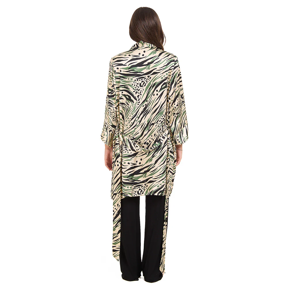 Women summer 3 piece pajama set  Mint Cheetah pattern kimono + Black top & Pants - Image 5