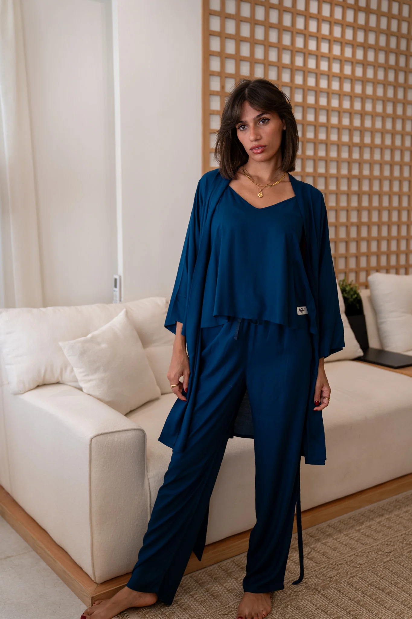 Women summer 3 piece pajama set  Petroleum Top + Petroleum kimono & Pants - Image 2