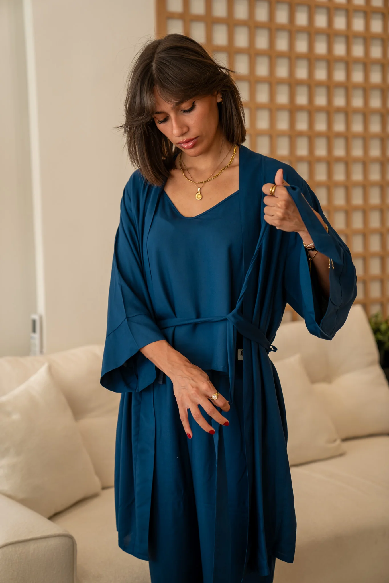 Women summer 3 piece pajama set  Petroleum Top + Petroleum kimono & Pants - Image 3
