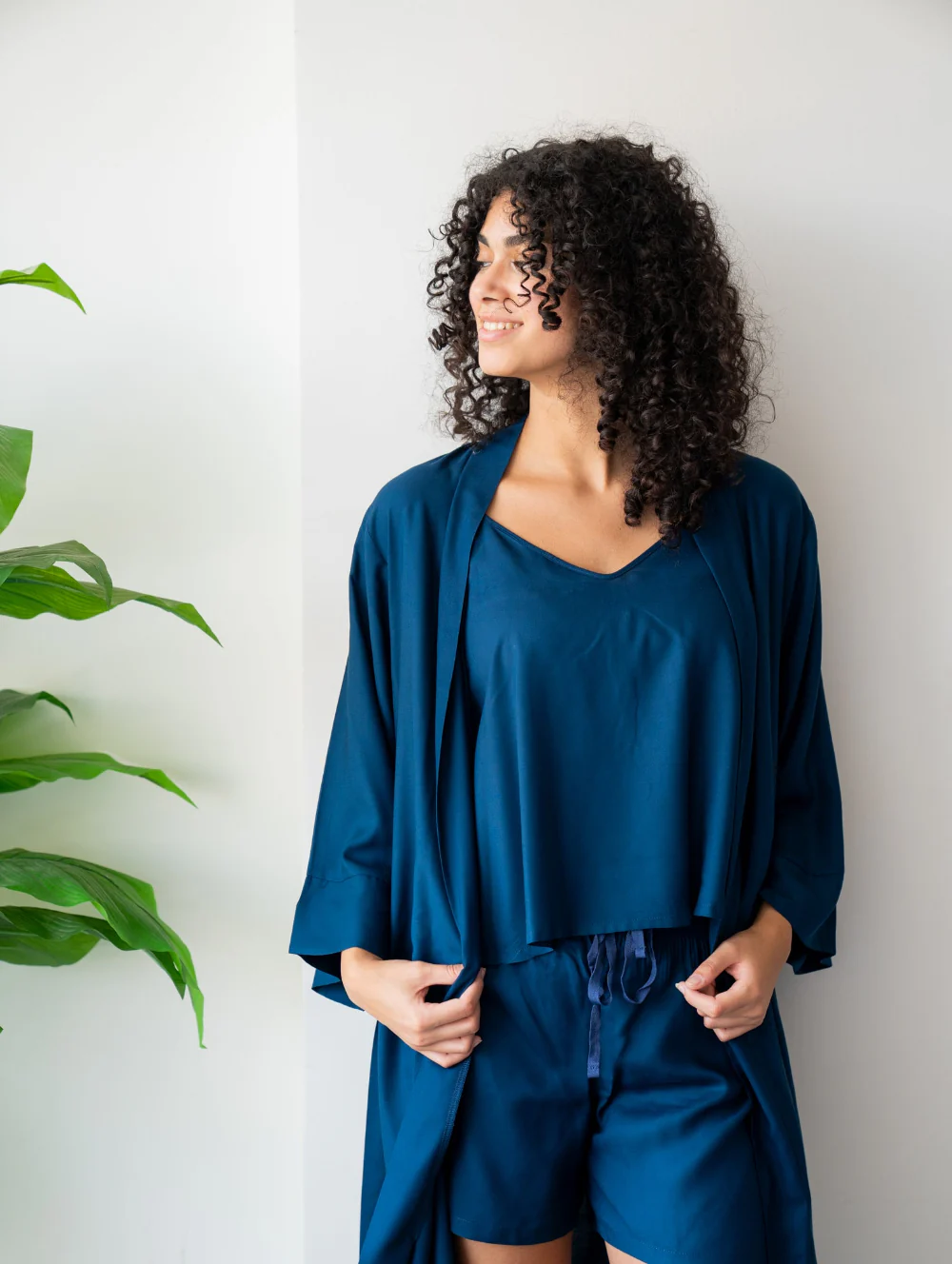 Women summer 3 piece pajama set  Petroluem Top +kimono & short - Image 2