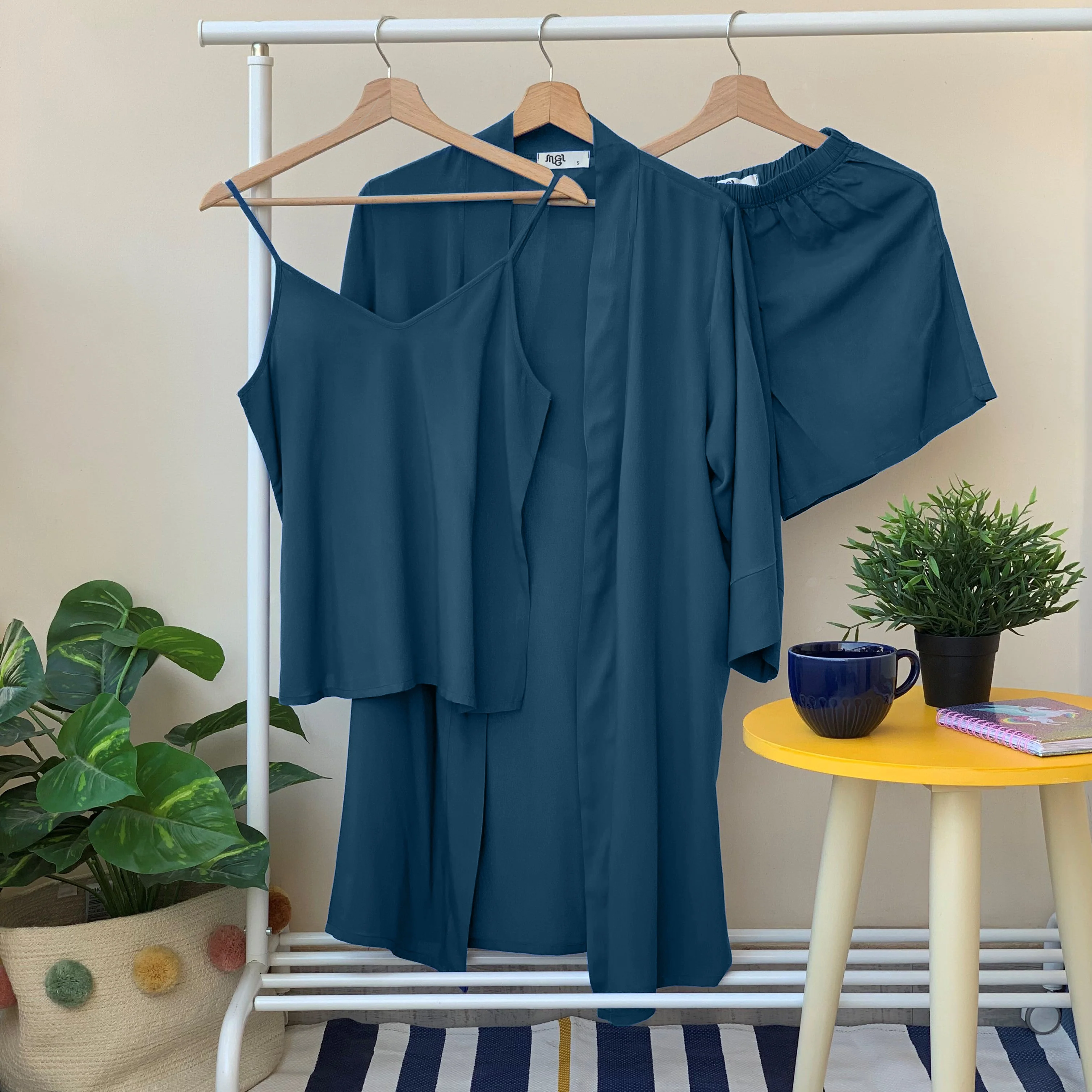 Women summer 3 piece pajama set  Petroluem Top +kimono & short - Image 5