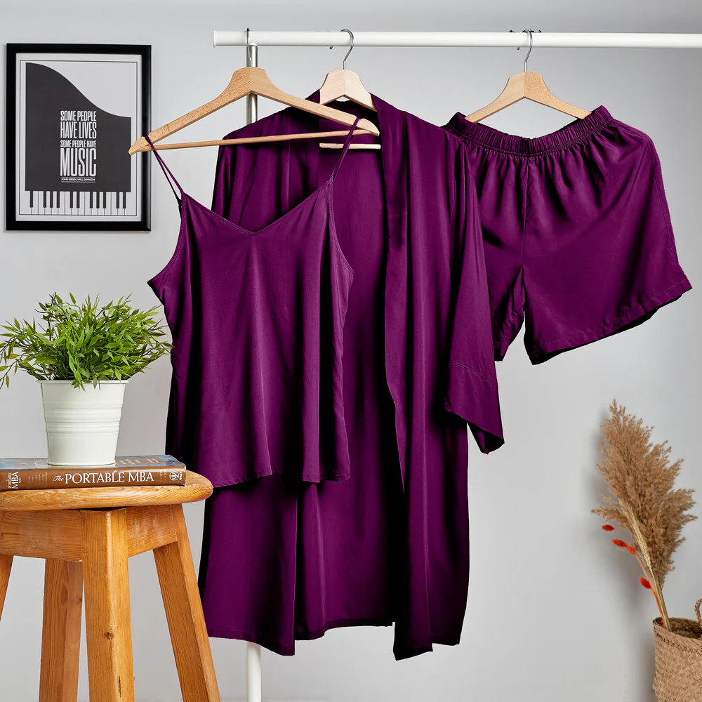 Women summer 3 piece pajama set  Purple Top +kimono & short - Image 2
