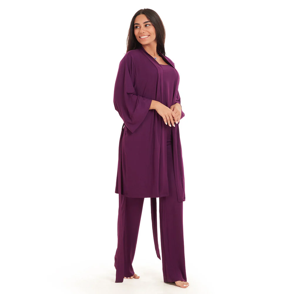 Women summer 3 piece pajama set  Purple Top + Purple kimono & Pants - Image 2