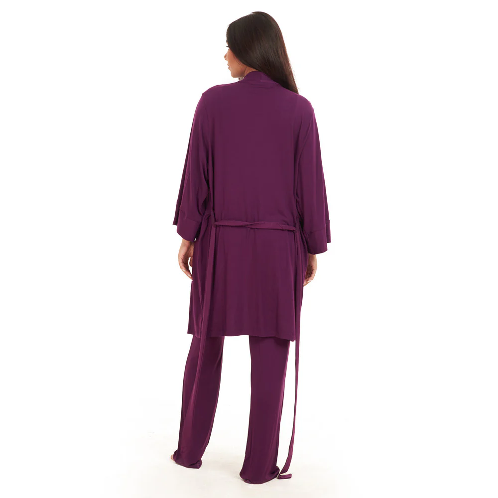 Women summer 3 piece pajama set  Purple Top + Purple kimono & Pants - Image 3