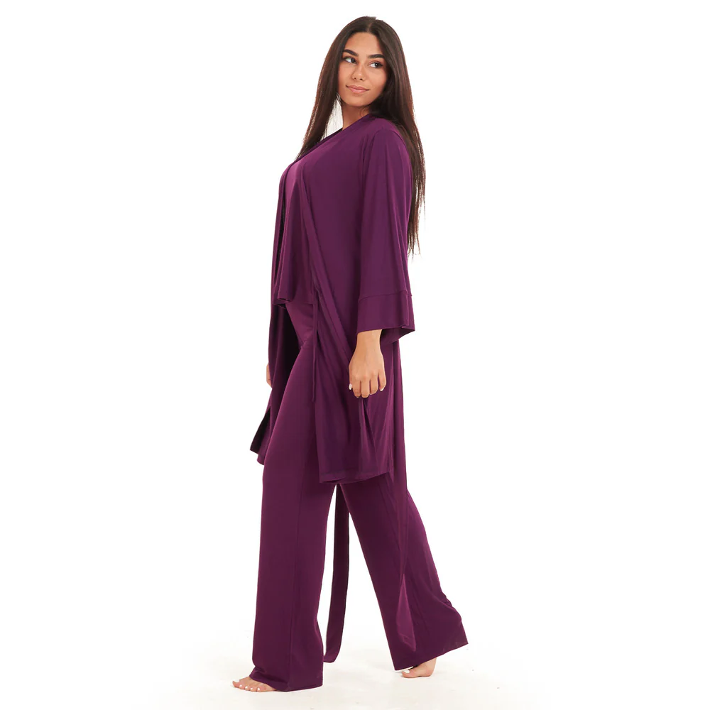 Women summer 3 piece pajama set  Purple Top + Purple kimono & Pants - Image 4