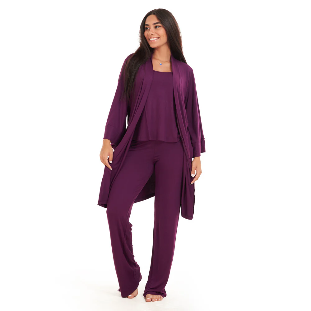Women summer 3 piece pajama set  Purple Top + Purple kimono & Pants - Image 5