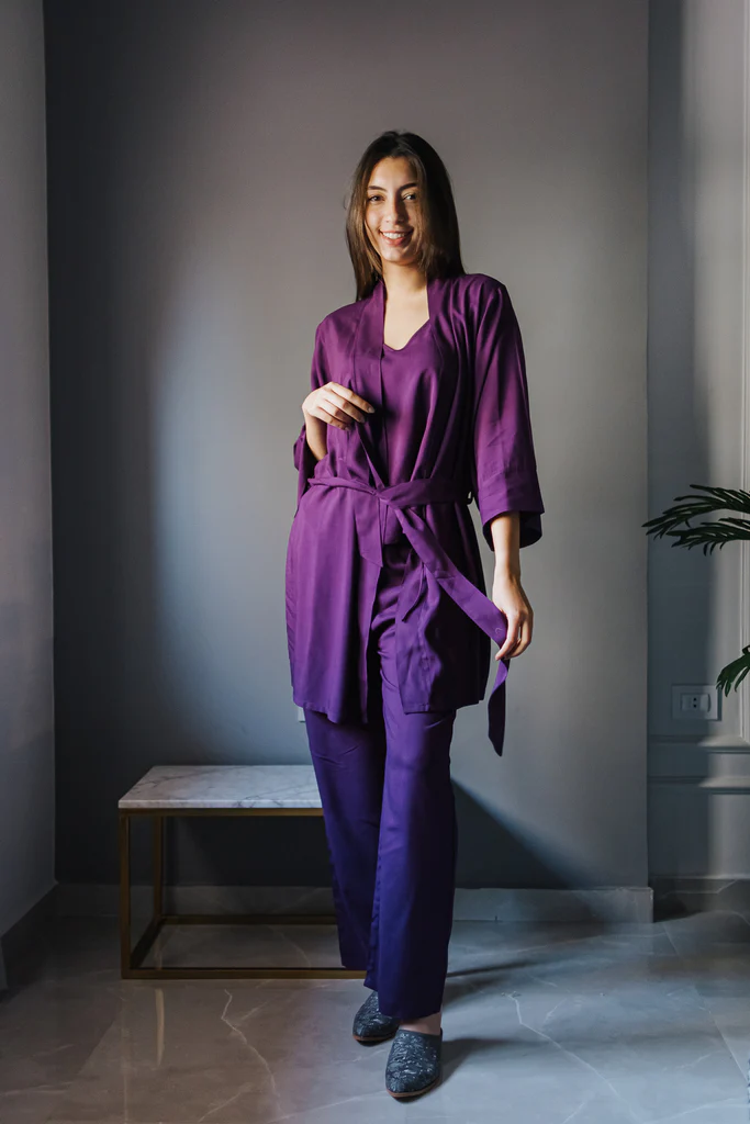 Women summer 3 piece pajama set  Purple Top + Purple kimono & Pants - Image 2
