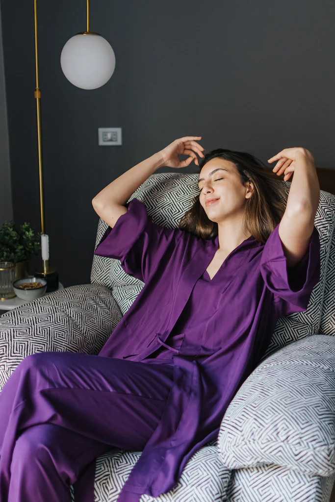 Women summer 3 piece pajama set  Purple Top + Purple kimono & Pants - Image 3