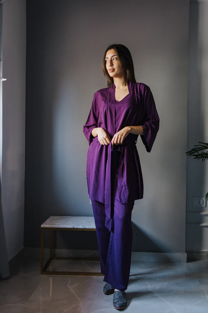 Women summer 3 piece pajama set  Purple Top + Purple kimono & Pants - Image 4