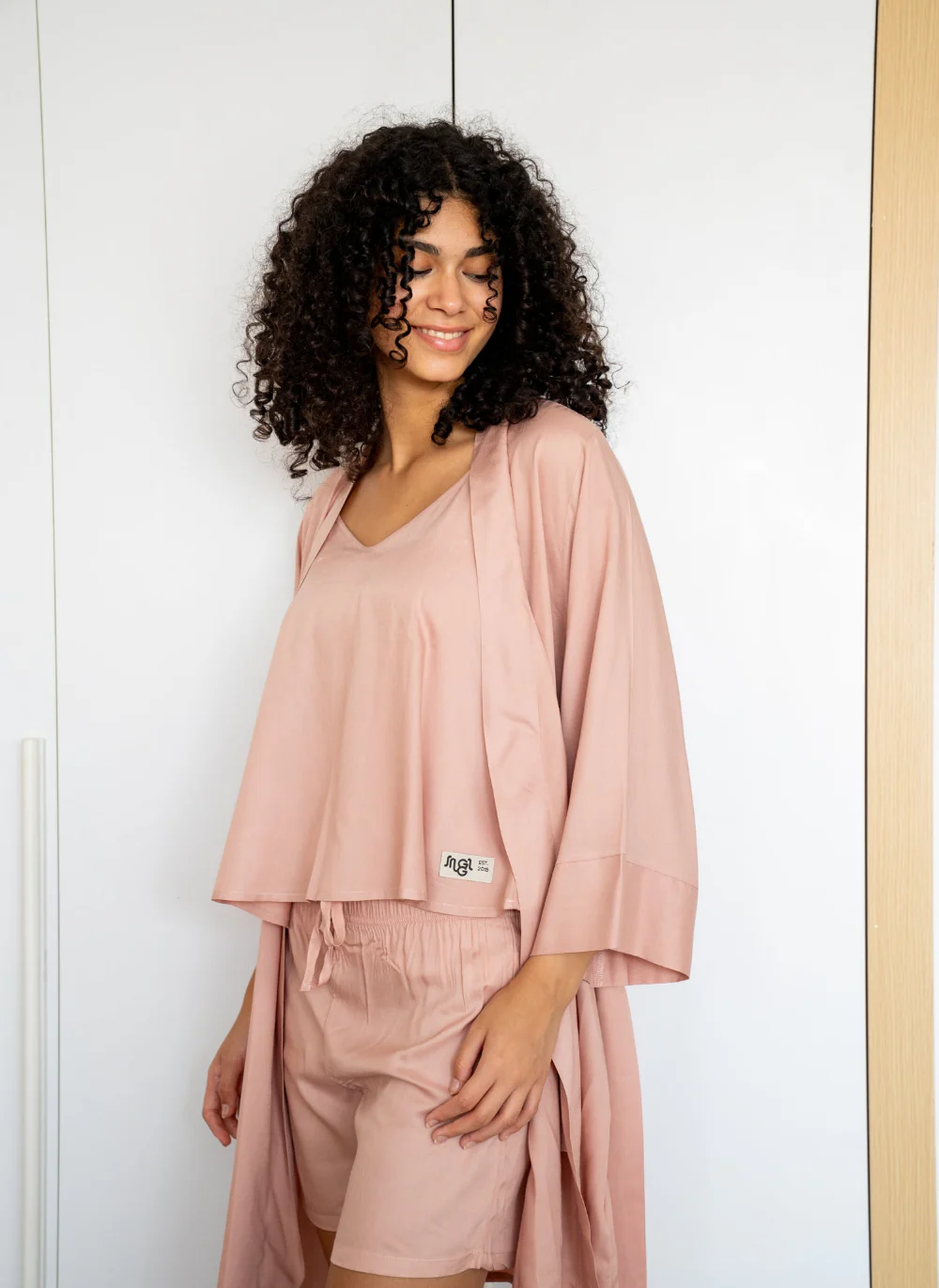 Women summer 3 piece pajama set  Rose Top +kimono & short - Image 3
