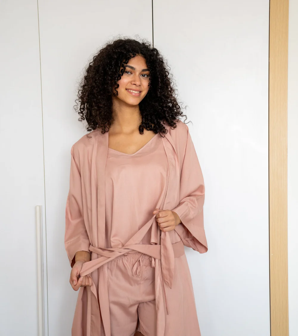 Women summer 3 piece pajama set  Rose Top +kimono & short - Image 4