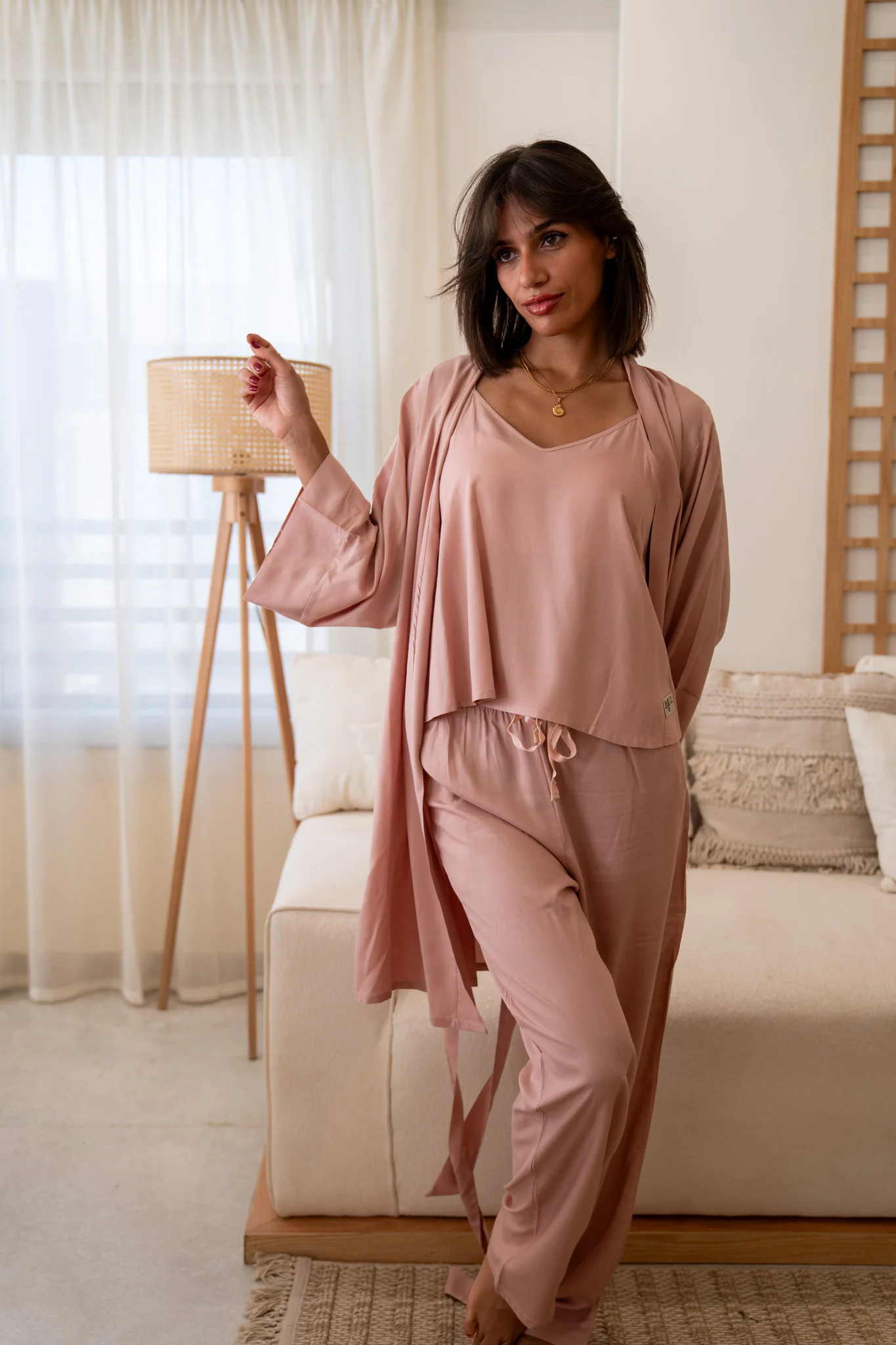 Women summer 3 piece pajama set Rose Top + Rose kimono & Pants - Image 2
