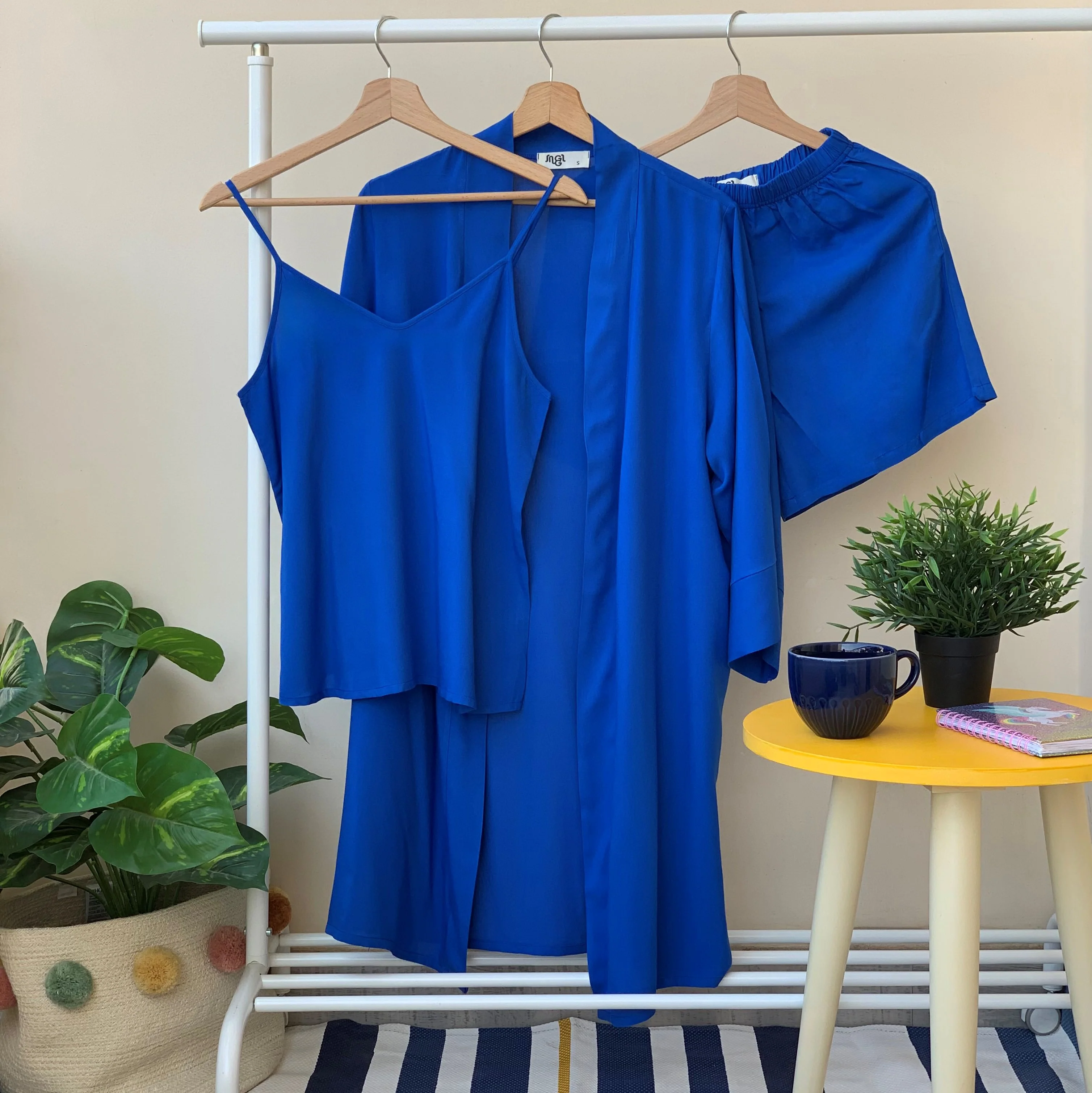 Women summer 3 piece pajama set  Royal blue Top +kimono & short - Image 2