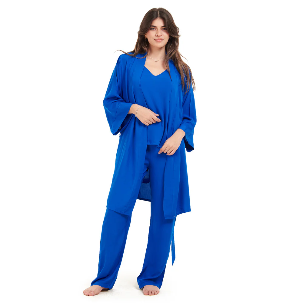 Women summer 3 piece pajama set Royal Blue Top + Royal Blue kimono & Pants