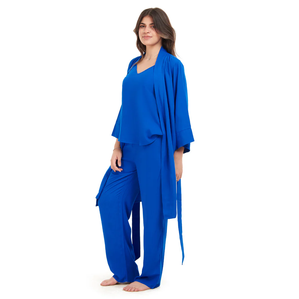 Women summer 3 piece pajama set Royal Blue Top + Royal Blue kimono & Pants - Image 2